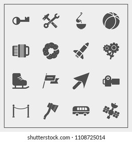 Modern, simple vector icon set with spanner, doughnut, sport, ball, speed, dessert, accordion, camera, game, wind, bus, sign, country, skating, nation, web, dinner, football, road, food, fence icons