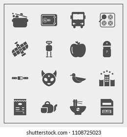 Modern, simple vector icon set with finance, bed, hotel, bus, computer, food, save, planet, tea, kitchen, alien, sky, gas, belt, oven, beverage, meal, wildlife, data, station, cook, technology icons