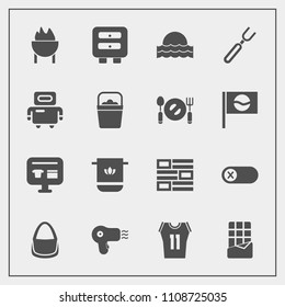 Modern, simple vector icon set with knife, sun, deactivate, food, switch, sunrise, game, bar, soft, grill, energy, dinner, bathroom, turn, spoon, dryer, light, cloth, cart, sale, drawer, off icons