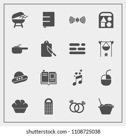 Modern, simple vector icon set with grill, book, meat, toy, internet, cooking, ufo, space, musical, fashion, grater, romance, mouse, spacecraft, literature, education, engagement, library, bbq icons