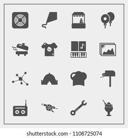 Modern, simple vector icon set with chef, weapon, fan, food, air, post, adventure, atom, military, spanner, war, kite, radio, joy, wrench, tool, technology, equipment, chemistry, media, travel icons
