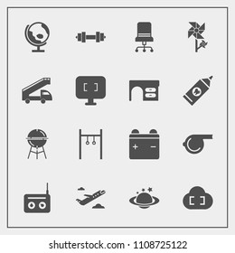 Modern, simple vector icon set with interior, whistle, world, exercise, battery, athlete, media, bbq, sport, planet, floral, full, gym, departure, object, flower, meat, earth, truck, comfortable icons
