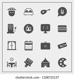 Modern, simple vector icon set with travel, music, japanese, telephone, brush, bed, modern, communication, white, plane, pump, airplane, flight, people, ticket, gas, guitar, musical, chinese icons