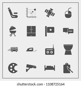 Modern, simple vector icon set with percussion, drawing, fork, music, business, radio, double, media, iron, kitchen, cricket, sound, furniture, technology, safety, musical, art, space, palette icons