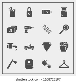 Modern, simple vector icon set with hammer, file, construction, fashion, music, hanger, gem, diamond, work, car, cup, battery, cold, hand, lock, energy, water, power, human, tool, bed, cloakroom icons