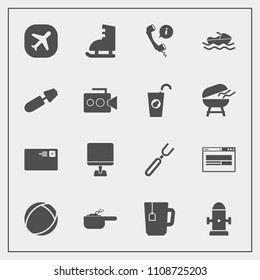 Modern, simple vector icon set with internet, business, ocean, vessel, mail, headset, hydrant, brush, communication, dish, boat, sport, support, plane, ball, computer, ship, ice, food, center icons