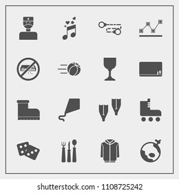 Modern, simple vector icon set with leisure, style, travel, underwater, graph, fun, fashion, sea, kite, chart, dice, gambling, data, restaurant, summer, airplane, flipper, joy, music, hospital icons
