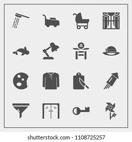 Modern, simple vector icon set with lawn, mower, food, grass, firework, celebration, hygiene, shower, bathroom, garden, dessert, cutlery, handle, key, water, clean, kitchen, stroller, air, glass icons