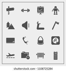 Modern, simple vector icon set with travel, document, arrow, way, airplane, telephone, home, blank, forest, data, file, school, music, business, report, water, chalk, education, blackboard, tree icons