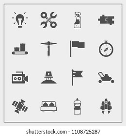 Modern, simple vector icon set with cleaner, bed, gardening, flag, orbit, space, national, lawn, industrial, grass, furniture, equipment, craft, reparation, film, rocket, electricity, planet icons