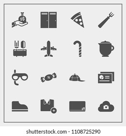 Modern, simple vector icon set with t-shirt, restaurant, white, shirt, entrance, hat, clothing, cap, blackboard, fashion, candy, document, photo, lunch, airplane, sack, plane, education, graph icons