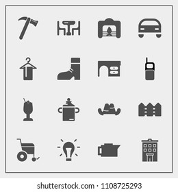 Modern, simple vector icon set with glass, hat, building, hammer, cafe, coffee, fence, wheelchair, fire, espresso, drink, business, real, milk, electricity, home, nutrition, bulb, estate, bottle icons