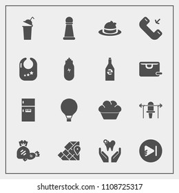 Modern, simple vector icon set with dentist, music, doughnut, drink, candy, health, white, geography, fitness, play, media, strategy, king, game, sport, dental, kitchen, beverage, cake, video icons