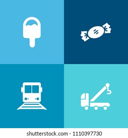 Modern, simple vector icon set on colorful background with service, icecream, candy, lollipop, travel, unhealthy, tow, accident, sugar, help, cream, ice, subway, road, lolly, cold, stick, white icons