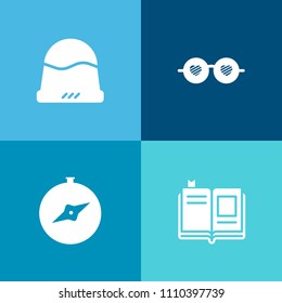 Modern, simple vector icon set on colorful background with bohemian, compass, visor, east, head, cover, clothing, headwear, hippie, sign, literature, glasses, education, paper, sport, page, cap icons