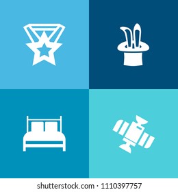 Modern, simple vector icon set on colorful background with planet, magic, furniture, star, show, earth, space, satellite, pillow, exploration, hotel, ribbon, wizard, success, station, bedding icons