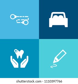 Modern, simple vector icon set on colorful background with medicine, object, tooth, dentistry, healthy, chain, pen, automotive, school, vehicle, health, drawing, marker, security, link, sign icons