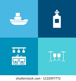 Modern, simple vector icon set on colorful background with commercial, music, drink, transport, ocean, sea, glass, shipping, industrial, sound, transportation, cargo, cocktail, alcohol, bottle icons