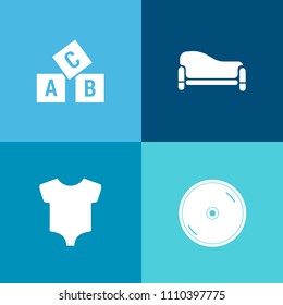 Modern, simple vector icon set on colorful background with modern, couch, text, baby, teaching, comfort, reading, interior, home, clothing, music, school, sound, record, compact, letter, cute icons