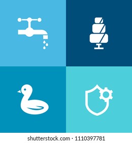 Modern, simple vector icon set on colorful background with bread, sink, tap, nature, sign, basin, doughnut, wash, cupcake, security, animal, home, sky, water, kitchen, chocolate, computer, white icons