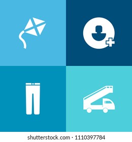 Modern, simple vector icon set on colorful background with transport, men, vehicle, truck, user, kite, person, summer, sign, airport, activity, denim, jeans, wear, toy, business, clothing, sky icons