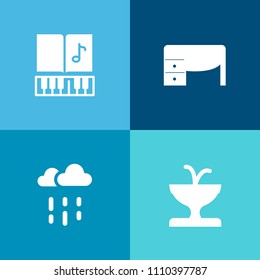 Modern, simple vector icon set on colorful background with top, sound, architecture, key, statue, table, keyboard, landmark, building, office, city, park, clef, rainy, black, musical, day, space icons