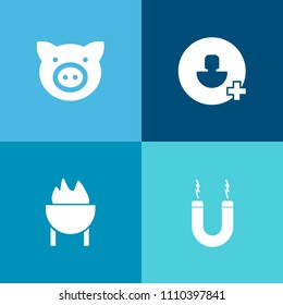 Modern, simple vector icon set on colorful background with barbecue, magnetism, mammal, account, profile, pig, farming, add, swine, piggy, grill, steak, person, network, agriculture, sign, pork icons