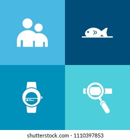 Modern, simple vector icon set on colorful background with information, chicken, wireless, laptop, drink, watch, male, research, group, screen, pizza, optimization, graphic, engine, gadget, man icons