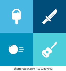 Modern, simple vector icon set on colorful background with leisure, hobby, recreation, black, knife, white, music, frozen, sport, rock, competition, dessert, concert, silverware, ice, sound, pin icons
