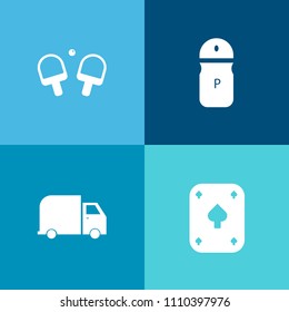 Modern, simple vector icon set on colorful background with object, gamble, transport, cargo, ping, black, truck, fresh, win, seasoning, table, activity, white, shaker, salt, van, delivery, pong icons