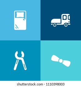 Modern, simple vector icon set on colorful background with renovation, ribbon, trailer, celebration, travel, construction, hotel, element, furniture, house, service, gift, vehicle, art, truck icons