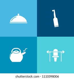 Modern, simple vector icon set on colorful background with serve, background, dentist, toothbrush, plate, tea, drink, barbell, chef, restaurant, dish, heavy, cafe, handle, brush, dumbbell, care icons