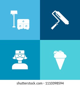Modern, simple vector icon set on colorful background with ice, desk, work, furniture, hospital, flavor, sofa, roll, summer, home, medical, cream, interior, brush, strawberry, vanilla, dessert icons