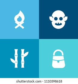 Modern, simple vector icon set on colorful background with tree, character, accessory, closeup, female, green, fireplace, science, alien, invaders, spaceship, bonfire, fire, smoke, fashion, warm icons