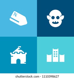 Modern, simple vector icon set on colorful background with fort, palace, tag, ufo, invaders, hotel, coupon, room, sign, travel, taxi, fiction, extraterrestrial, futuristic, sale, castle, gift icons