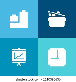 Modern, simple vector icon set on colorful background with train, spoon, cooking, child, graph, knife, cup, clock, play, template, graphic, toy, game, minute, horse, document, chef, diagram, car icons