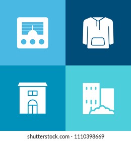 Modern, simple vector icon set on colorful background with signal, media, jacket, concept, fashion, urban, internet, clothes, shirt, coat, rent, technology, radio, wave, winter, home, clothing icons