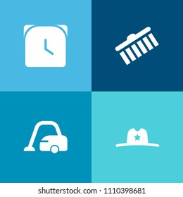 Modern, simple vector icon set on colorful background with black, clock, domestic, vacuum, house, clothes, american, watch, traditional, hat, brush, western, white, timer, stroke, wild, floor icons