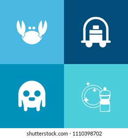 Modern, simple vector icon set on colorful background with cart, monster, seafood, baggage, delicious, character, food, shellfish, mop, travel, housework, vacation, alien, cleaner, reception icons