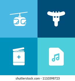 Modern, simple vector icon set on colorful background with dinner, hot, musical, transportation, power, doctor, train, danger, sound, medical, snack, rail, fast, electricity, health, graphic icons