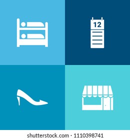 Modern, simple vector icon set on colorful background with service, elegance, room, buy, grocery, female, market, graphic, bed, supermarket, sale, motel, lifestyle, footwear, commerce, retail icons