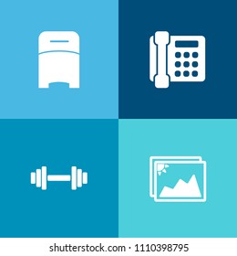 Modern, simple vector icon set on colorful background with retro, sign, old, modern, health, dumbbell, photography, blank, communication, comfortable, mobile, house, image, picture, album, gym icons