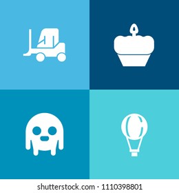 Modern, simple vector icon set on colorful background with fly, cupcake, food, cookie, van, skydiving, cargo, extreme, jump, shipping, pastry, commercial, parachuting, truck, creature, chocolate icons