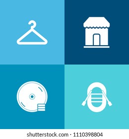 Modern, simple vector icon set on colorful background with market, disk, cloakroom, sailboat, bag, sea, technology, store, transportation, sound, hook, money, delivery, compact, disc, transport icons