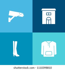 Modern, simple vector icon set on colorful background with white, shirt, digital, guard, real, video, safety, wear, silhouette, apparel, rent, house, camera, home, shoe, footwear, clothes, city icons