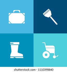 Modern, simple vector icon set on colorful background with food, style, help, pictogram, accessibility, clothing, fashion, person, object, cooking, care, footwear, travel, disabled, handbag, pan icons