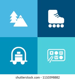 Modern, simple vector icon set on colorful background with menu, style, lunch, travel, cart, restaurant, environment, foliage, nature, boot, tourism, trunk, food, forest, retro, fun, chinese icons