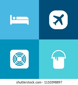Modern, simple vector icon set on colorful background with professional, relax, bed, color, equipment, roller, sign, air, sleep, travel, worker, fan, cold, flight, painter, motel, electric, tool icons