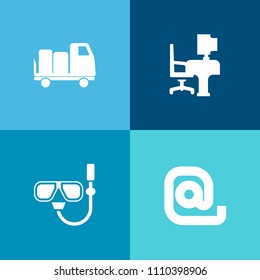 Modern, simple vector icon set on colorful background with auto, letter, copy, vehicle, sign, mail, delivery, snorkeling, transportation, space, truck, snorkel, keyboard, underwater, website icons