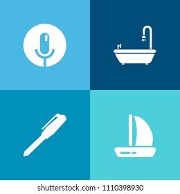 Modern, simple vector icon set on colorful background with ship, ocean, tool, shower, object, bathroom, record, karaoke, web, musical, voice, water, home, office, music, male, stationery, pen icons